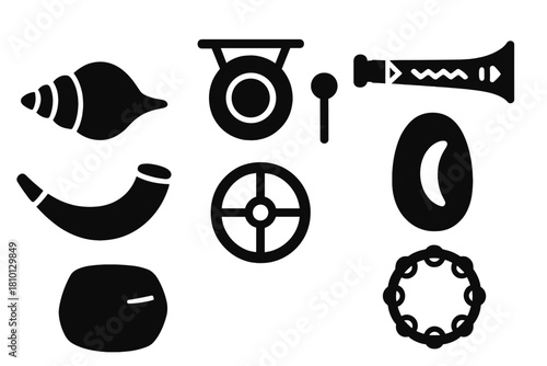 Sacred Sound Instruments. Solid style icons of ritual sound carriers: shell instruments, ceremonial gongs, carved wood pipes.