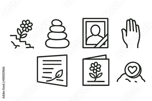 Icons of Emotional Healing. Line style icons of emotional healing and tribute: flower offering on ruin, stone stack icon, memorial