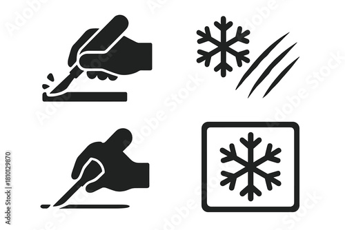 Ice Engraving Icons. Solid style icons of hand-engraving techniques: hand with carving tool, ice chip flake icon, cold surface