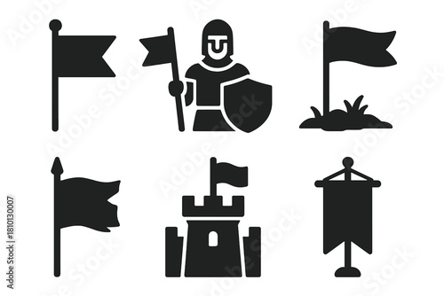 Medieval Flag Icons. Line style icons of Vexillology: medieval flag icon, knight with banner, battlefield flag icon, torn flag