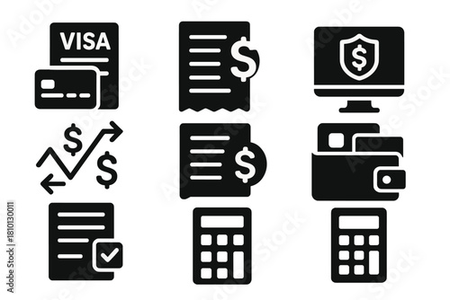 Visa Cost Icons. Solid style icons of visa fees and cost management: credit card on visa paper, fee document with dollar sign,
