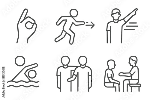 Game Coordination Icons. Line style icons of game-time coordination: dive signal hand sign, point to wall run, shift line call,