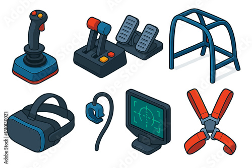 VR Gaming Setup Icons. Isometric vector illustration set VR gaming setup – flight stick, throttle quadrant, rudder pedals; VR
