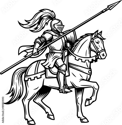 Knight Riding Horse with Spear Logo. Vintage Black & White Outline Line Art Drawing. Medieval, Heraldry, & Fantasy Emblem Vector.
