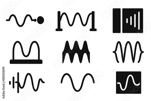Quantum Wave Icons. Solid style icons of quantum waveform visuals: wave-particle duality icon, standing wave installation,