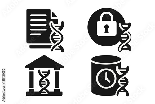 DNA Archival Icons. Solid style icons of data archival in DNA: old documents + helix, long-term storage symbol, DNA time capsule.