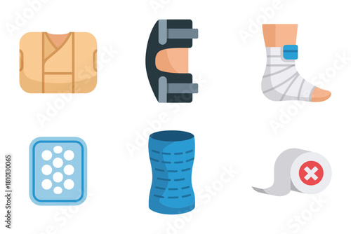 Orthopedic care toolkit, chest bandage, walking boot brace, ankle wrap, blister pack, kinesiology tape roll, first aid vector