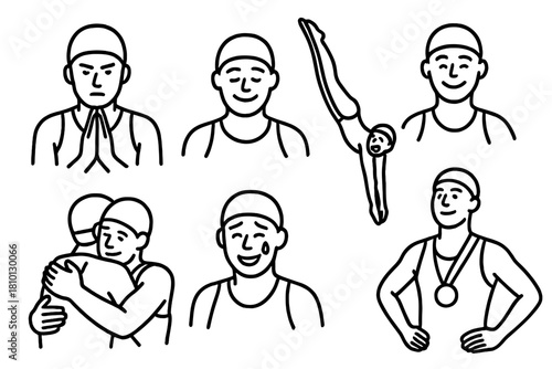 Emotional Diving Icons. Line style icons of emotional moments in diving: pre-dive focus face, post-dive relief expression, joy