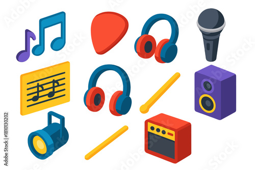 Music Icons Set. Isometric vector illustration set Storytelling icons – music notes, guitar pick, microphone; sheet music,