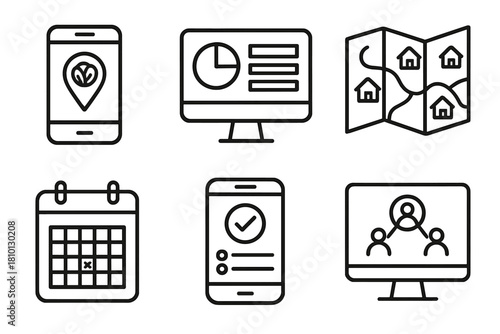 Digital Sourcing Icons. Line style icons of digital tools for sourcing: local food app, sourcing dashboard, map with farm icons,