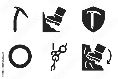 Ice Climbing Icon Set. Solid style icons of ice climbing techniques: ice axe glyph, foot kick icon, grip badge. Anchor ring, belay