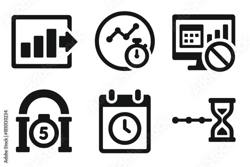 Time-Limited Data Icons. Solid style icons of time-windowed data access: sliding data frame icon, windowed analytics badge,