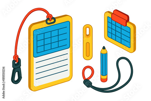 Underwater Diving Gear Icons. Isometric vector illustration set Underwater diving gear – diver’s slate, pencil holder, pencil;