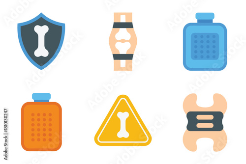 Trauma recovery supplies, orthopedic shield, arm compression brace, heat pack bottle, caution triangle, spine support pad, medical vector