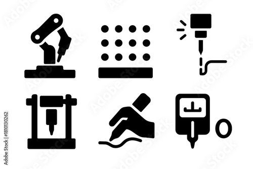 Automated Tattoo Technology. Solid style icons of machine tattooing process: robot arm tattooing skin, precise ink dot grid, laser