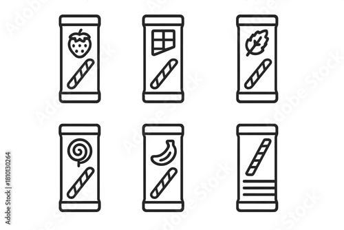 Flavored Straw Icons. Line style icons of flavored straw packaging: strawberry straw, chocolate straw, mint straw, matcha straw,