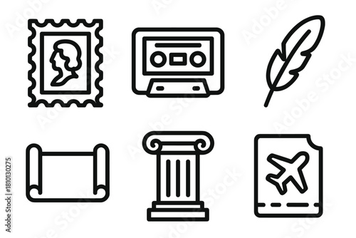 Time Capsule Icons. Line style icons of Time Capsule Curation: historical stamp, message on tape, preserved feather, folded banner