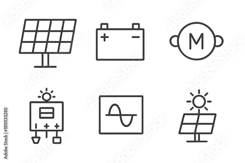 Solar Vehicle Components Icons. Line style icons of components in solar vehicles: solar cell array, lithium battery pack, electric
