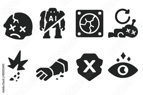 Defeated AI Icons. Solid style icons of defeated AI units: broken helmet icon, deactivated mech badge, cracked core panel.