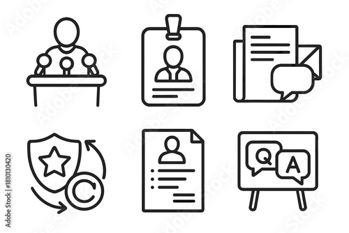 Media PR Icons. Line style icons of media and public relations: press conference icon, spokesperson badge, media response form,