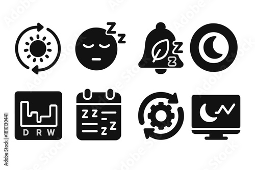 Sleep Cycle Icons. Solid style icons of sleep cycle monitoring: circadian rhythm glyph, sleep stage icon, bio-alarm badge. Deep
