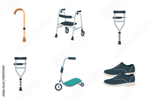 Assistive mobility devices set, cane, rollator walker, knee scooter, forearm crutches, prosthetic leg, orthopedic shoe, recovery vector