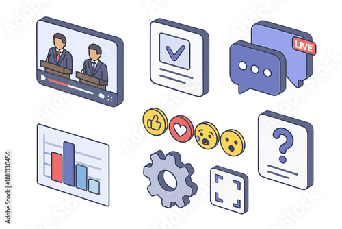 Isometric Voting App Scene. Isometric vector illustration set Voting and elections – debate watch app: video window, polling icon,