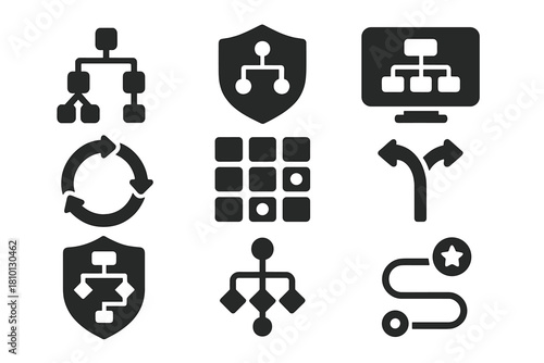 AI Logic Icons. Solid style icons of AI decision trees and logic: branching logic icon, command hierarchy badge, strategic node