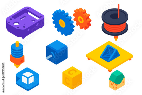 Robotics Kits Essentials. Isometric vector illustration set Robotics kits – 3D printed chassis, printed gears, filament spool;