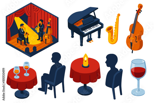 Urban Jazz Night. Isometric vector illustration set Urban nightlife – jazz club interior, piano, upright bass, saxophone; small