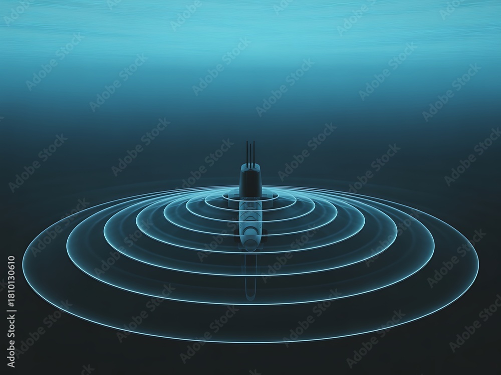 Fototapeta premium Abstract blue sonar waves emanating from a central point underwater