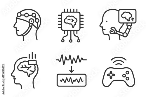Brain-Controlled Prosthetics Icons. Line style icons of brain-controlled prosthetics: EEG cap, neural implant chip, thought