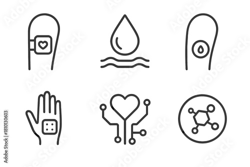 Wearable Biotech Icons. Line style icons of wearable biotech: biosensing patch, sweat analysis symbol, glucose monitoring badge,