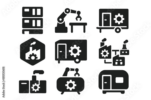 Modular Micro-Factory Icons. Solid style icons of modular micro-factories: stackable module icon, plug-and-play workstation,