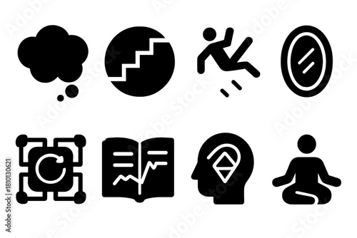 Dream Symbol Icons. Solid style icons of dream symbolism interpretation: dream bubble glyph, staircase ring, falling symbol icon.