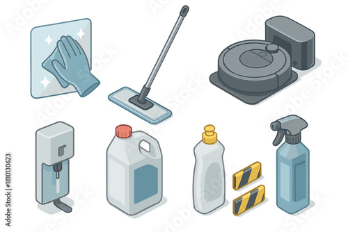 Cleaning Tools Isometric Design. Isometric vector illustration set of Cleaning Services: glass polishing cloth, mop with metal