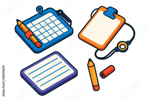 Underwater Diving Gear Icons. Isometric vector illustration set Underwater diving gear – diver’s slate, pencil holder, pencil;