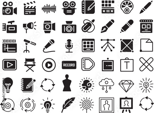 Content creation icon set. Containing video cameras, film clapperboards, graphic design tools, microphone recording, creative ideas, editing software, digital media production and more