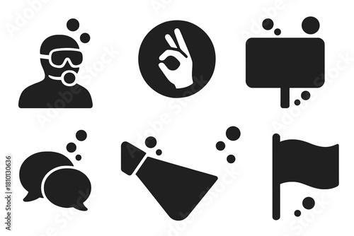Underwater Coaching Icons. Solid style icons of coaching and signals: underwater coach icon, dive gesture badge, board advice