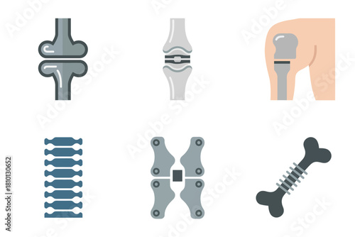 Orthopedic surgery devices set, hip implant, knee joint replacement, spinal fixation bars, pedicle screw system, trauma hardware vector