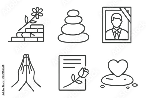 Icons of Emotional Healing. Line style icons of emotional healing and tribute: flower offering on ruin, stone stack icon, memorial