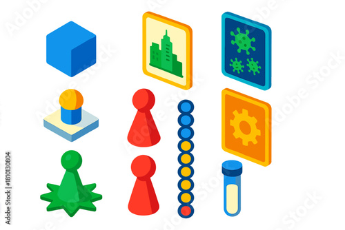 Isometric Board Game Icons. Isometric vector illustration set Board games – disease cube, city card, infection card; research