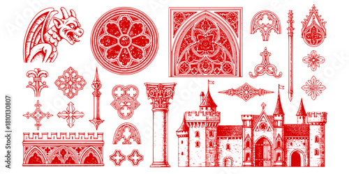 Intricate Gothic Architectural Elements Vector Set: Gargoyle, Rose Window, Arch, Column, Ornament, and Medieval Castle Details. Vintage Engraving Style Design