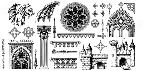 Intricate Gothic Architectural Elements Vector Set: Gargoyle, Rose Window, Arch, Column, Ornament, and Medieval Castle Details. Vintage Engraving Style Design