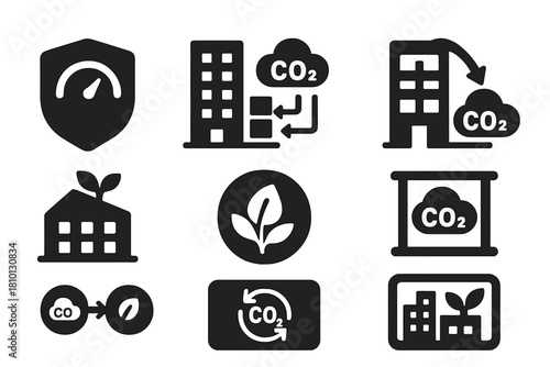 Carbon-Negative Architecture Icons. Solid style icons of carbon-negative buildings: carbon meter badge, CO2 capture wall,
