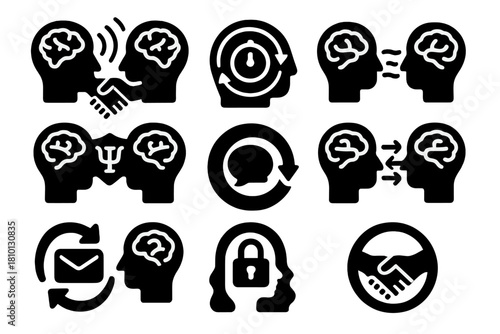 Telepathic Icons Collection. Solid style icons of telepathic communication protocols: handshake frequency icon, sync timer glyph,