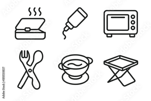 Space Cooking Icons. Line style icons of food preparation tools: space meal warmer, rehydration nozzle, onboard oven icon,