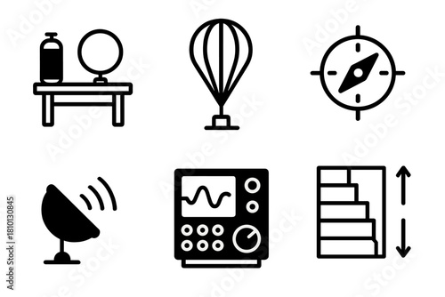 High-Altitude Balloon Icons. Line style icons of High-Altitude Ballooning: flight preparation table, tethered balloon, navigation