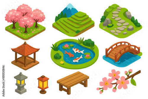 Serene Mountain Landscapes. Isometric vector illustration set Mountain landscapes – cherry blossom orchard, terraced hillside,