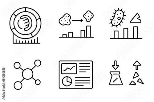 Microbe Data Visualization Icons. Line style icons of data visualization in microbe studies: genome map chart, enzyme reaction